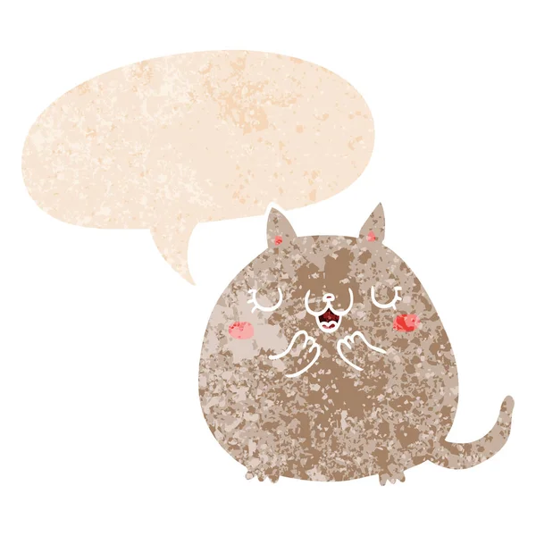 Dessin animé chat mignon et bulle de parole dans un style texturé rétro — Image vectorielle