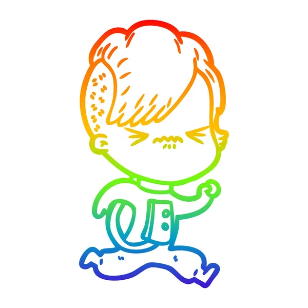 Regenboog gradiënt lijntekening cartoon geërgerd hipster meisje weari — Stockvector