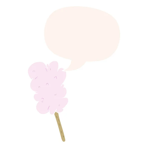 Cartoon candy floss on stick and speech bubble in retro style — Stock Vector