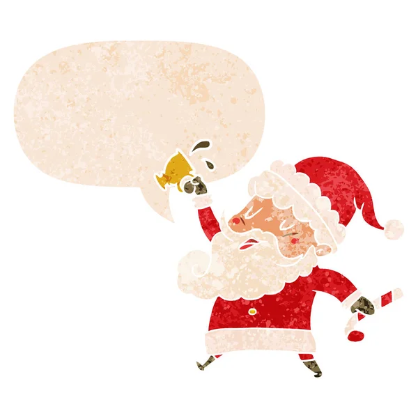 Cartoon santa claus with hot cocoa and speech bubble in retro te — Stock Vector