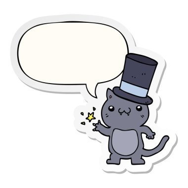 çizgi film kedi üst şapka ve konuşma kabarcık etiket giyiyor