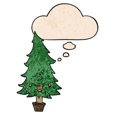 sevimli karikatür noel ağacı ve grunge doku da kabarcık düşünce
