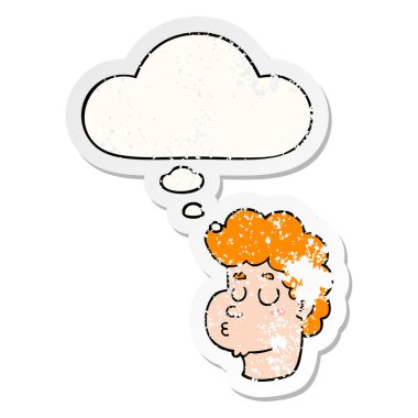 çizgi film erkek yüz ve sıkıntılı yıpranmış sticke olarak kabarcık düşünce