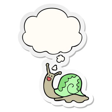 sevimli karikatür salyangoz ve baskılı bir etiket olarak kabarcık düşünce