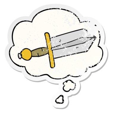 karikatür hançer ve sıkıntılı yıpranmış etiket olarak kabarcık düşünce