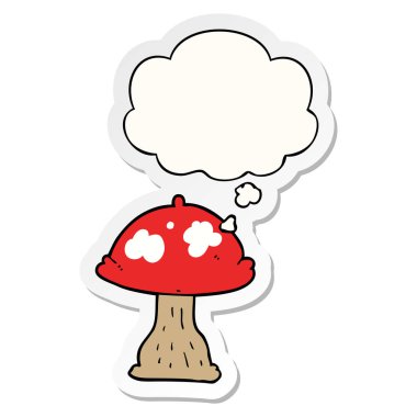 karikatür mantar ve baskılı bir etiket olarak kabarcık düşünce
