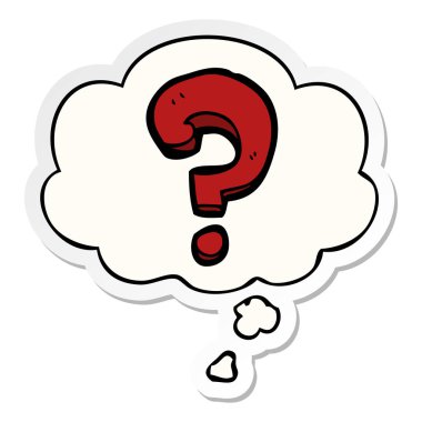 karikatür soru işareti ve basılı bir etiket olarak kabarcık düşünce
