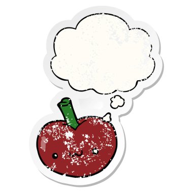 karikatür elma ve sıkıntılı yıpranmış etiket olarak kabarcık düşünce