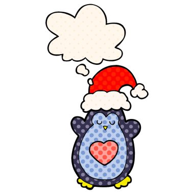 sevimli noel penguen ve çizgi roman tarzında kabarcık düşünce