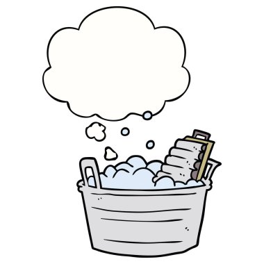 karikatür eski washboard ve kova ve düşünce balonu