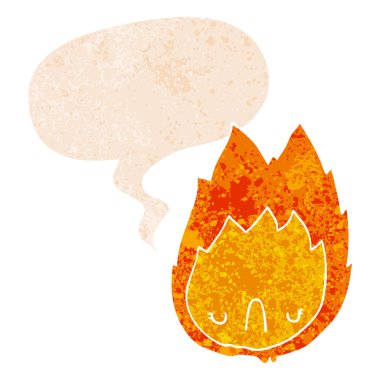 retro dokulu tarzda karikatür mutsuz alev ve konuşma balonu