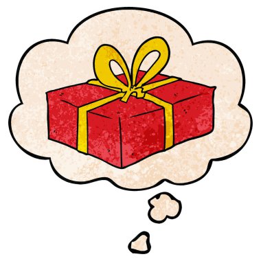 karikatür sarılmış hediye ve grunge doku patter düşünce balonu