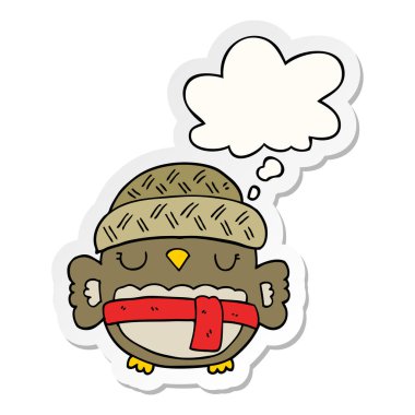 şapka sevimli karikatür baykuş ve basılı bir etiket olarak kabarcık düşünce