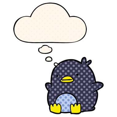 sevimli karikatür penguen ve çizgi roman tarzında kabarcık düşünce