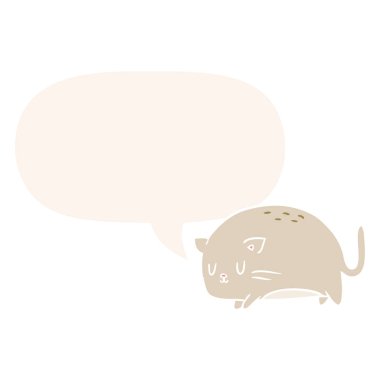 retro tarzında sevimli şişman karikatür kedi ve konuşma balonu