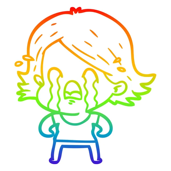 Rainbow gradient line drawing cartoon woman crying — Stock Vector