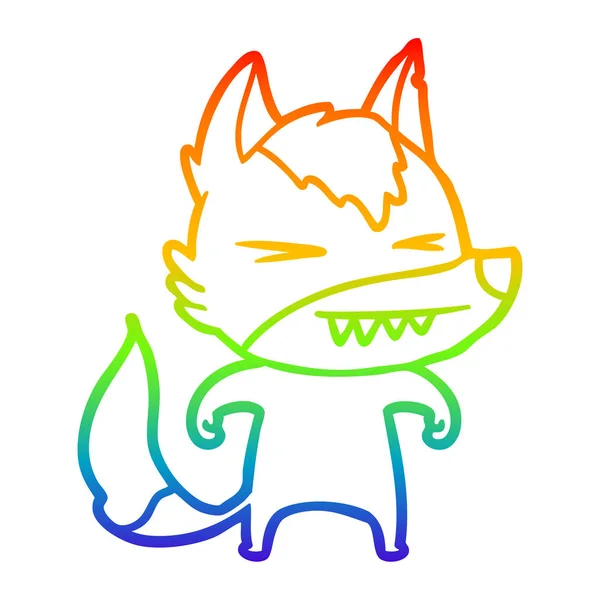 Rainbow gradient ligne dessin loup en colère dessin animé — Image vectorielle