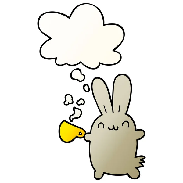 Carino cartone animato coniglio bere caffè e bolla pensiero in liscio — Vettoriale Stock