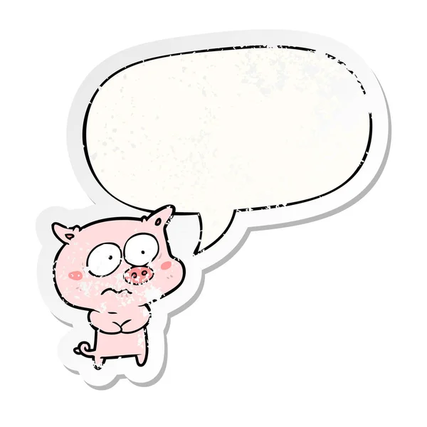 Cartoon nerveuze varken en toespraak bubble noodlijdende sticker — Stockvector