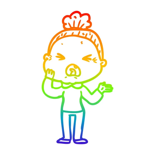 彩虹渐变线绘制卡通愤怒的老妇人 — 图库矢量图片