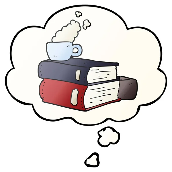 卡通书籍和咖啡杯和思想泡沫在光滑的格拉迪 — 图库矢量图片