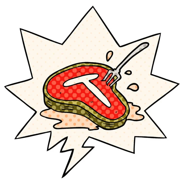 Caricatura cocinado filete y tenedor y la burbuja del habla en el cómic st — Vector de stock