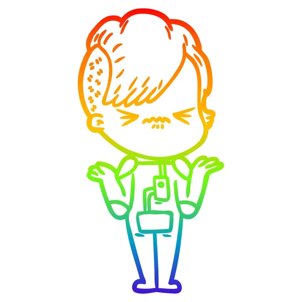 Regenbogen-Gradienten-Linie Zeichnung Karikatur genervt Hipster-Mädchen weari — Stockvektor