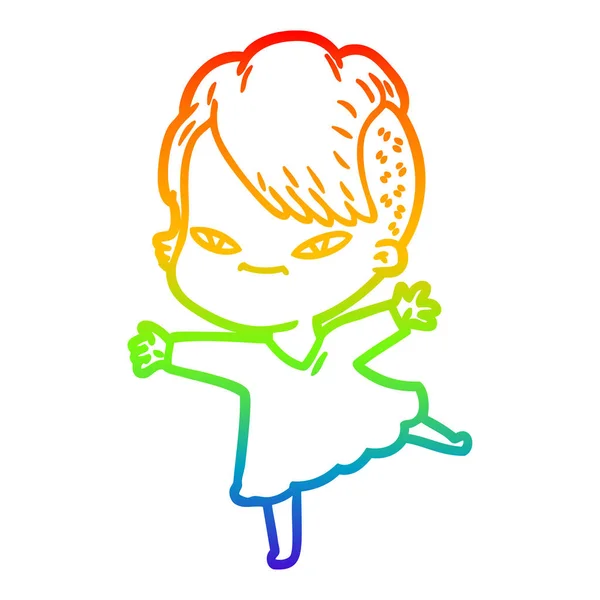 Rainbow gradient ligne dessin mignon dessin animé fille avec hipster hai — Image vectorielle