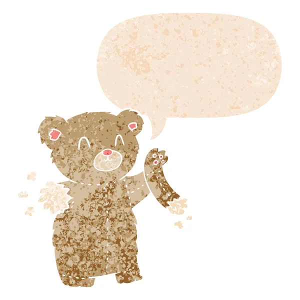 Urso de pelúcia de desenho animado com braço rasgado e bolha de fala em texto retro —  Vetores de Stock