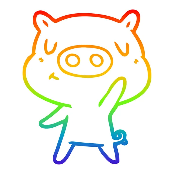 Regenboog gradiënt lijntekening cartoon inhoud varken — Stockvector
