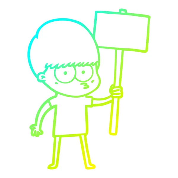 Linea gradiente freddo disegno nervoso cartone animato ragazzo tenendo cartello — Vettoriale Stock