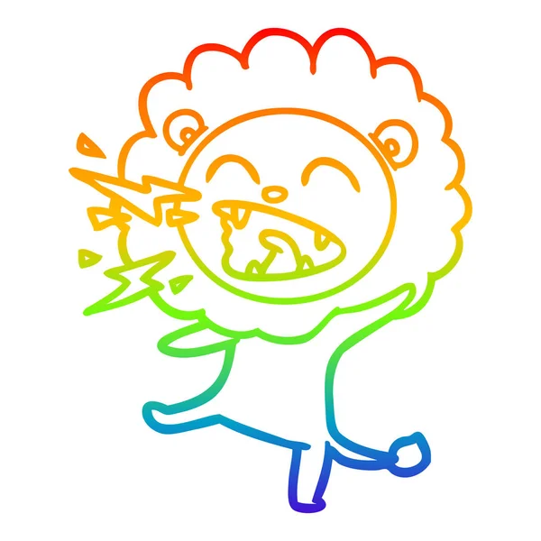 Arco iris gradiente línea dibujo dibujos animados rugiente león — Vector de stock