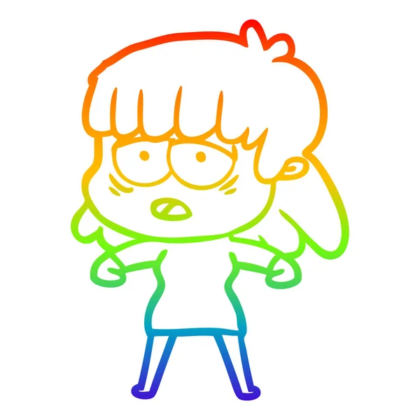 Rainbow gradient ligne dessin dessin dessin animé fatigué femme — Image vectorielle