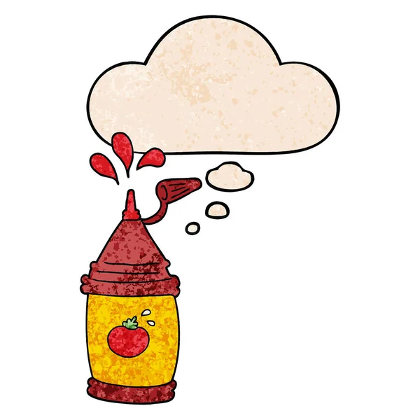 Botella de ketchup de dibujos animados y burbuja de pensamiento en textura grunge patt — Vector de stock