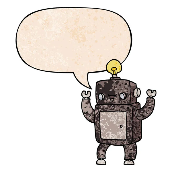 Desenho animado robô feliz e bolha de fala em estilo de textura retro — Vetor de Stock