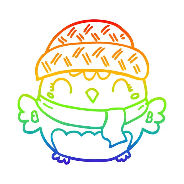 Línea de gradiente arco iris dibujo lindo búho de dibujos animados en sombrero — Archivo Imágenes Vectoriales