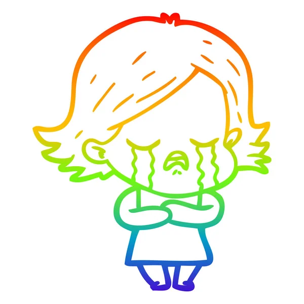 Regenbogengradienten Linie Zeichnung Cartoon Mädchen weinen — Stockvektor