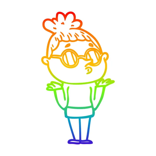 Rainbow Gradient Line Zeichnung Cartoon Frau mit Brille — Stockvektor