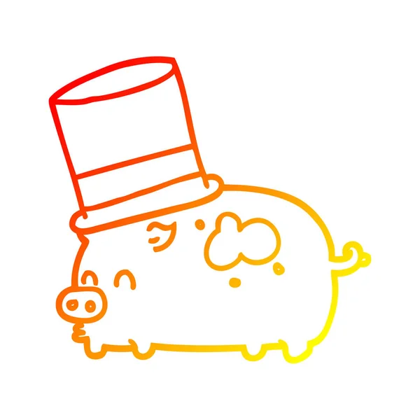 Chaud dégradé ligne dessin dessin cochon dessin animé portant chapeau haut de forme — Image vectorielle