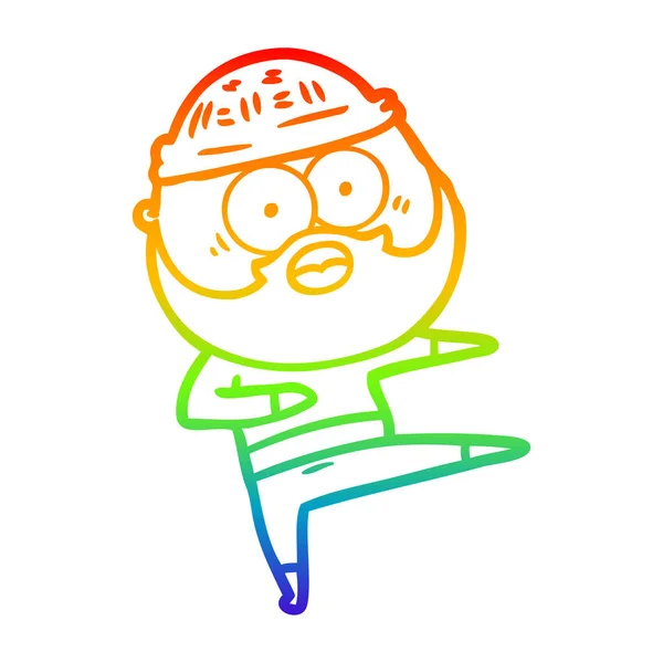 Rainbow gradient line drawing cartoon surprised bearded man danc — Stock Vector
