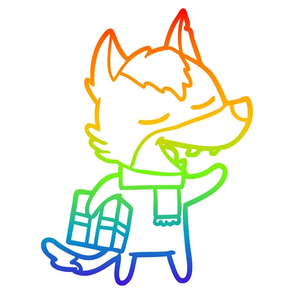 Linha gradiente arco-íris desenho desenho de lobo dos desenhos animados com natal presen — Vetor de Stock