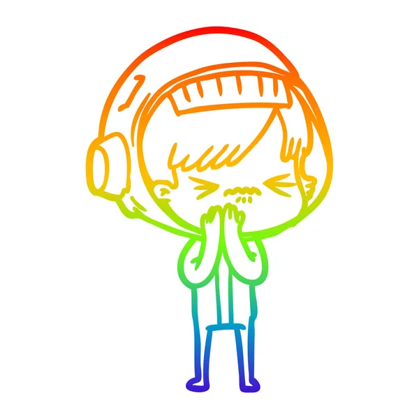 Regenboog gradiënt lijntekening cartoon astronaut vrouw — Stockvector