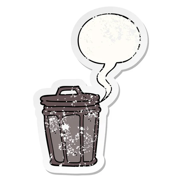 Cartoon trash can and speech bubble distressed sticker — Stock Vector