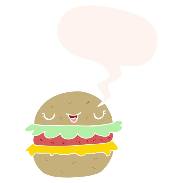 Karikatúra Burger és a beszéd buborék retro stílusban — Stock Vector