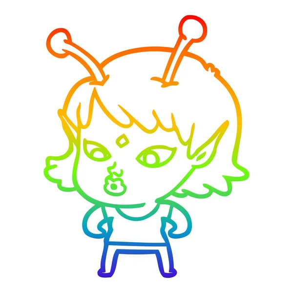 Regenboog gradiënt lijntekening pretty cartoon Alien Girl — Stockvector