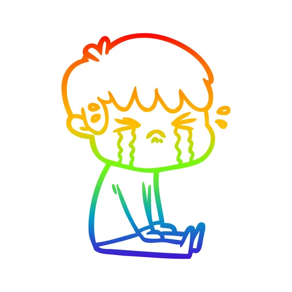 Rainbow gradient linje ritning tecknad pojke gråta — Stock vektor