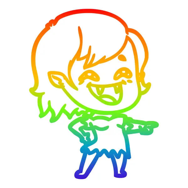 Arco iris gradiente línea dibujo dibujos animados riendo vampiro chica — Vector de stock