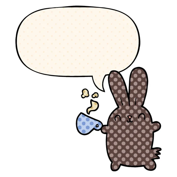 漫画のウサギとコーヒーカップと漫画のバブルでかわいい漫画 — ストックベクタ