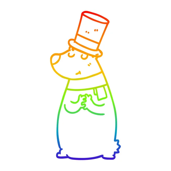 Rainbow gradient line drawing cartoon bear in top hat — Stock Vector