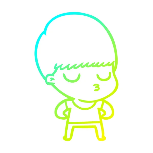 Cold gradient line drawing cartoon calm boy — стоковый вектор